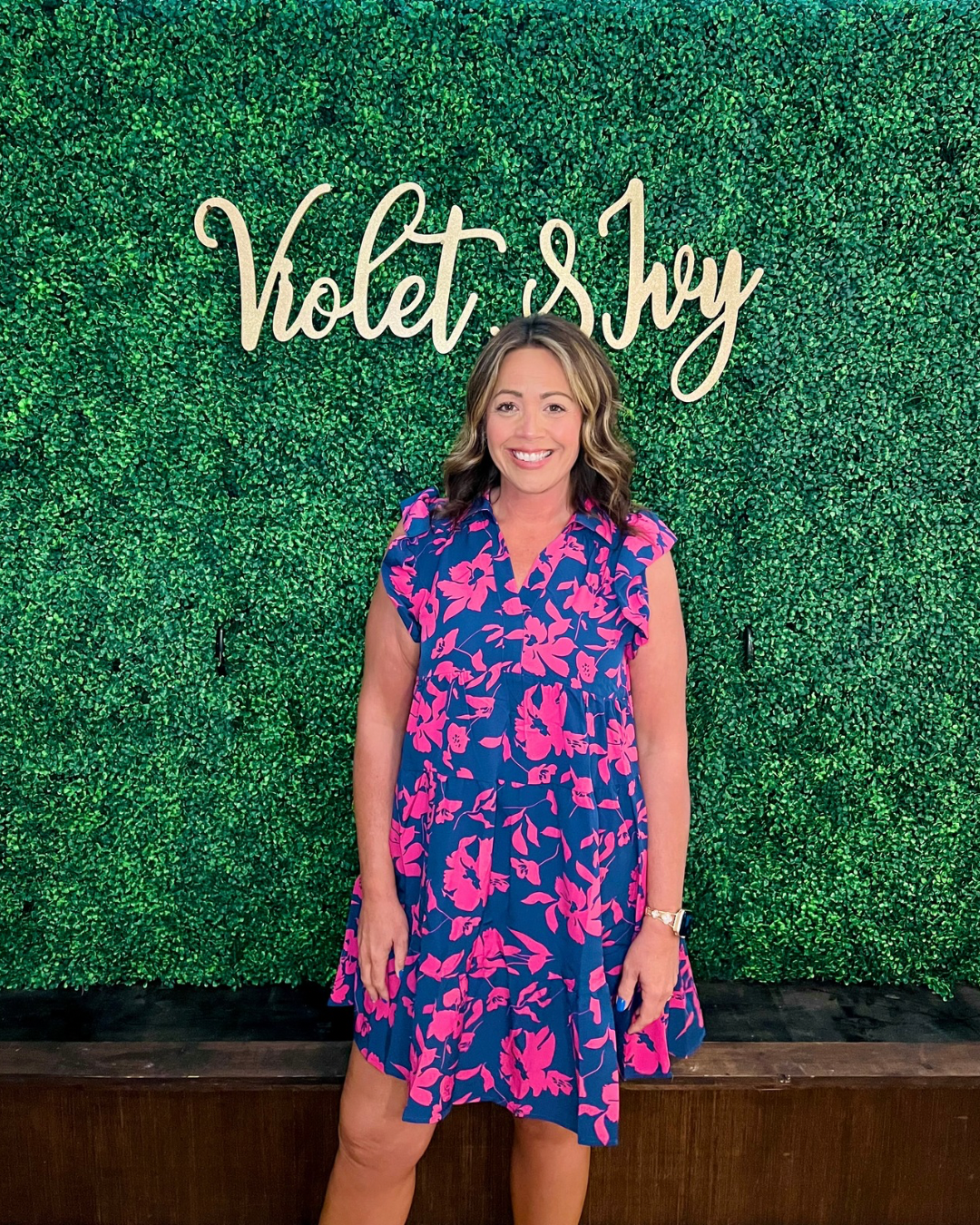 Navy and Pink Floral A-Line Collared Tiered Dress with Flutter Sleeves