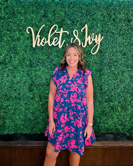 Navy and Pink Floral A-Line Collared Tiered Dress with Flutter Sleeves