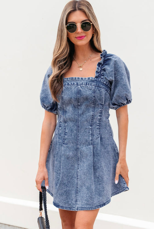 Square Neck Puff Sleeve Denim Dress