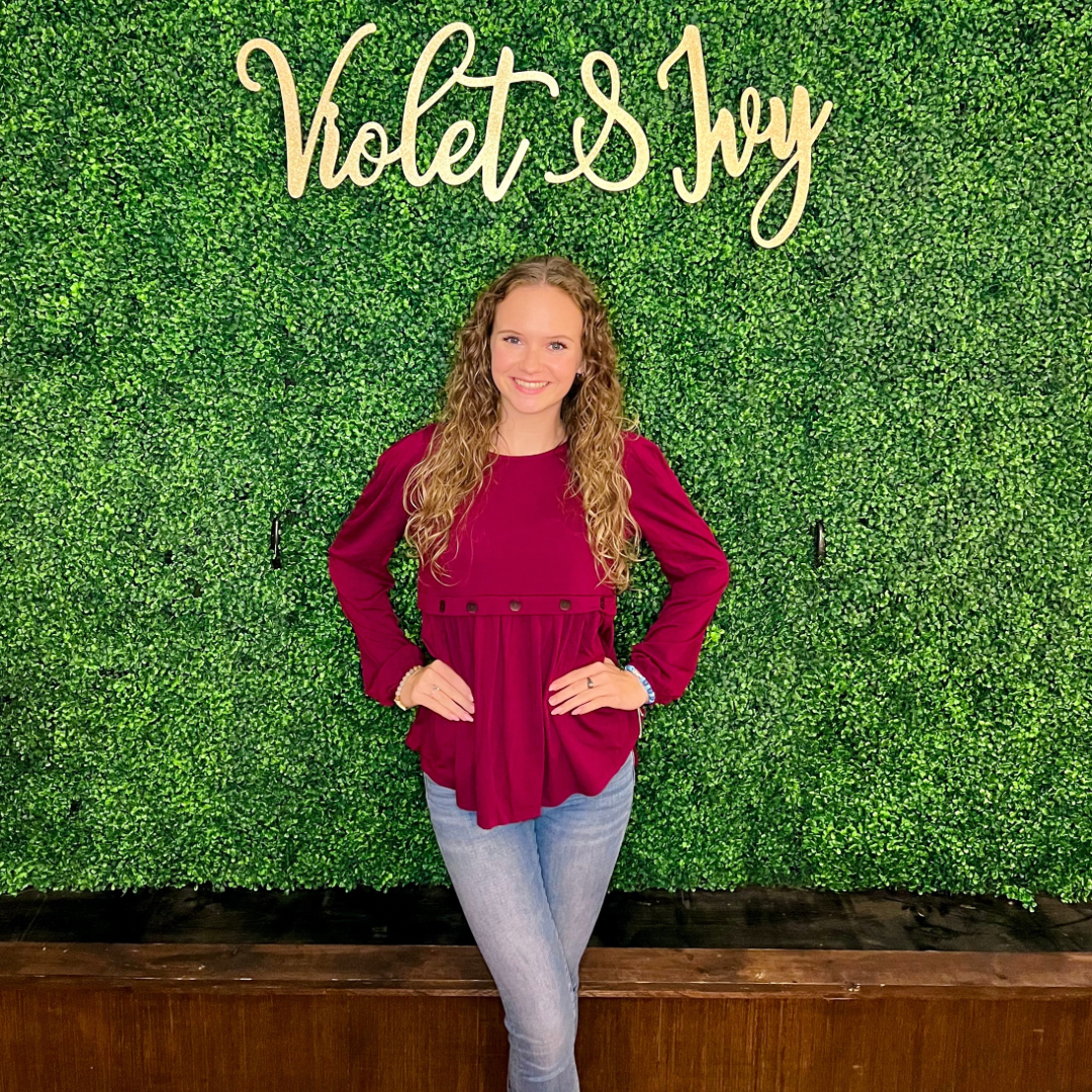 Wine Long Sleeve Top with Button Detail
