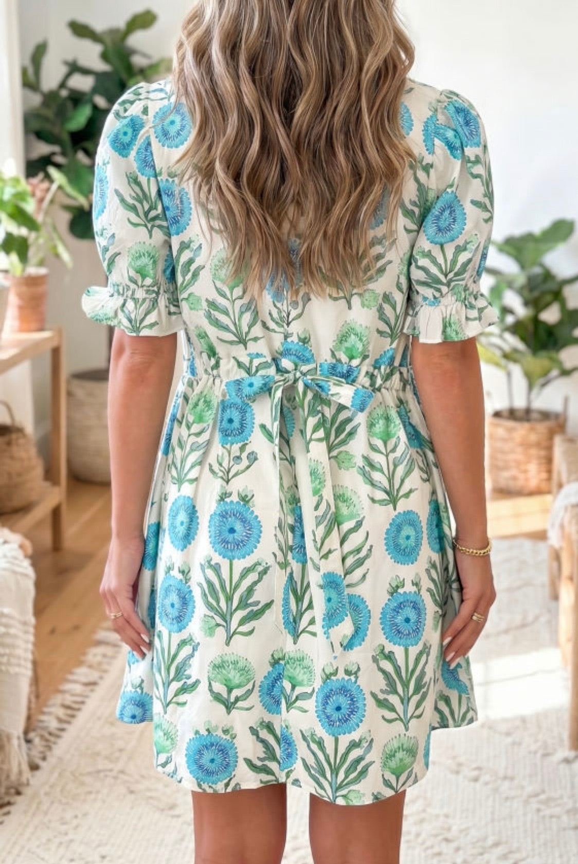 Sky Blue Floral Print Half Button Short Sleeve Dress