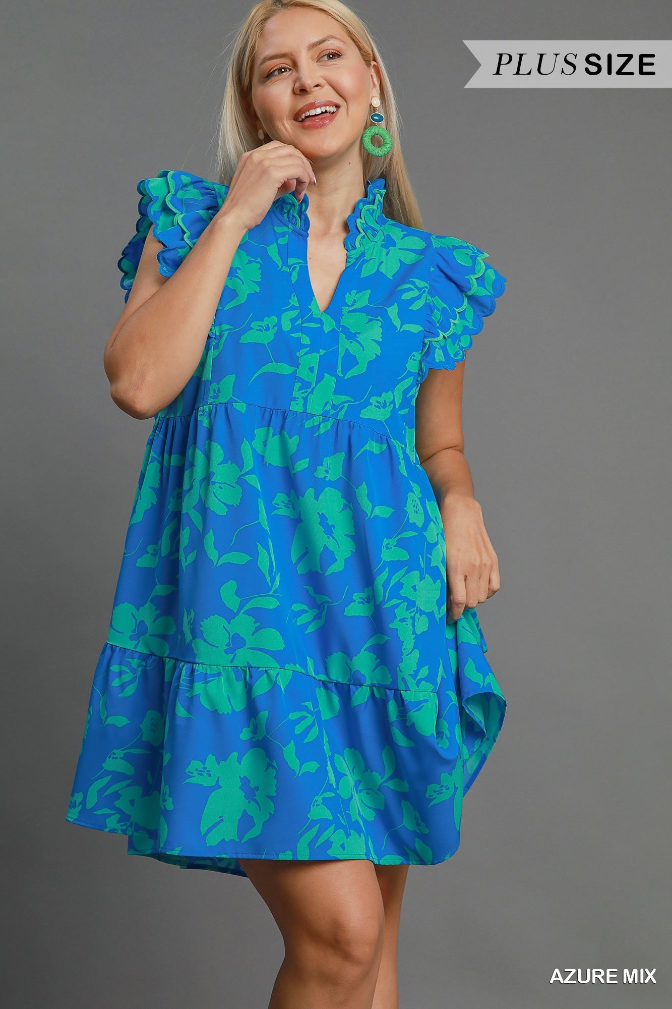 Azure Floral A-Line Collared Tiered Dress with Embroidered Flutter Sleeves