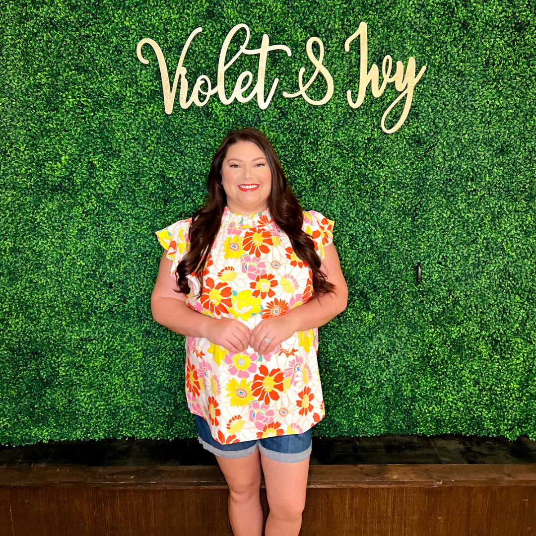 Multicolor Smock Neck Ruffle Sleeve Floral Top