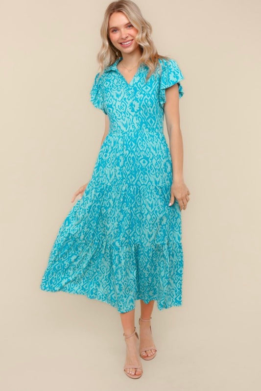 Blue Bohemian Midi Dress with Pockets