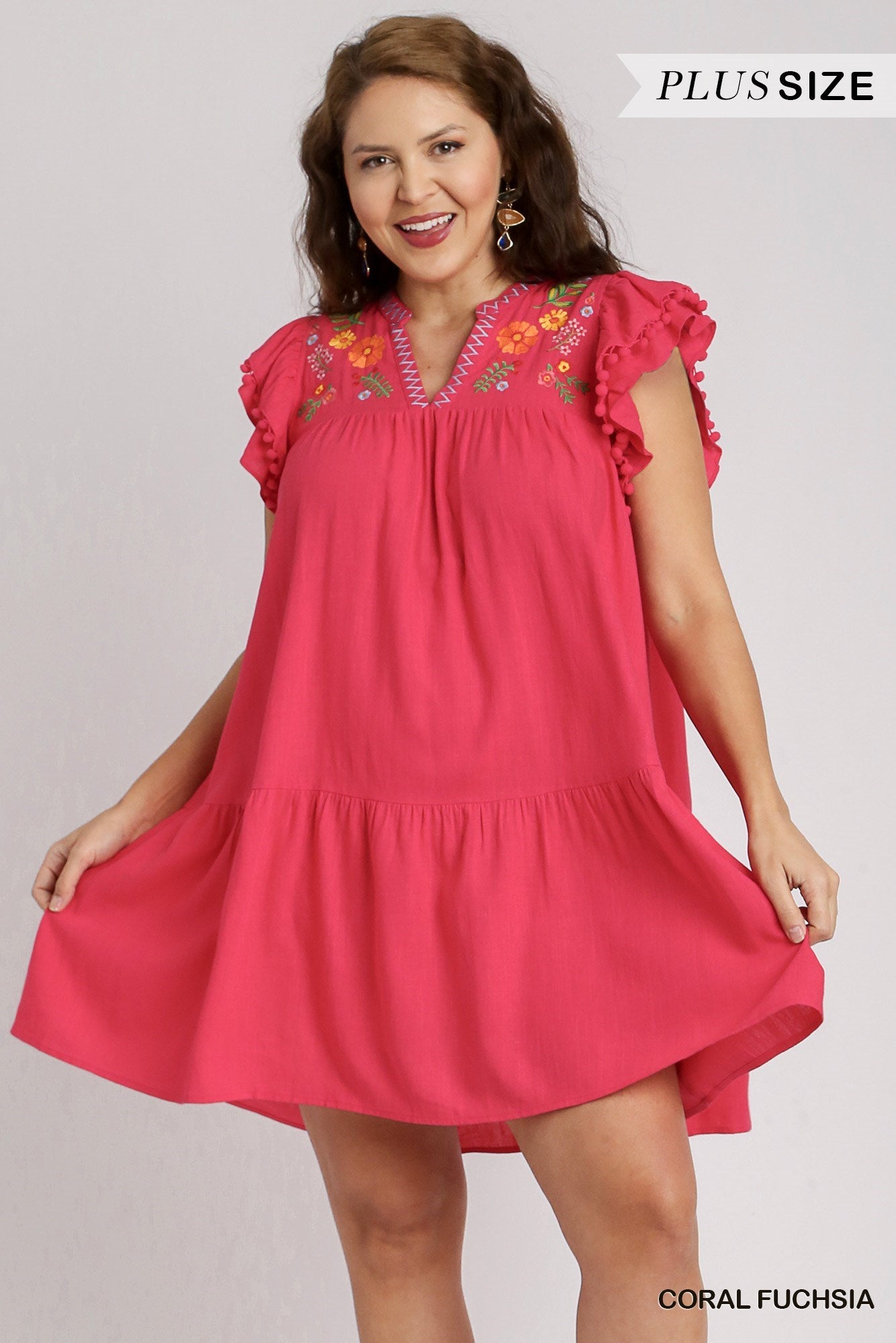 Coral Fuchsia Linen Embroidered Dress