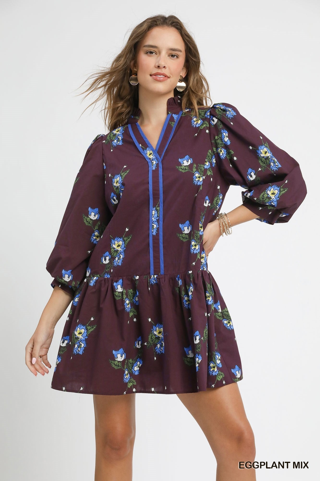 Eggplant Floral Mini Dress with Puff Sleeves