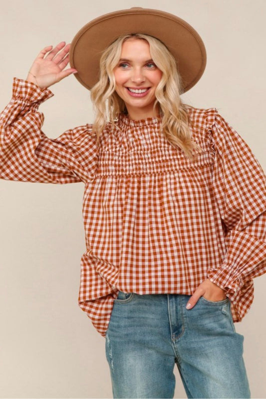 Rust Gingham Check Blouse