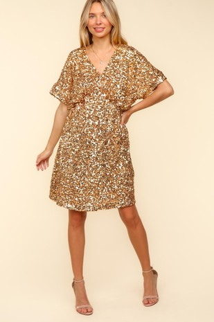 Gold Sequin Short Sleeve Babydoll Dress
