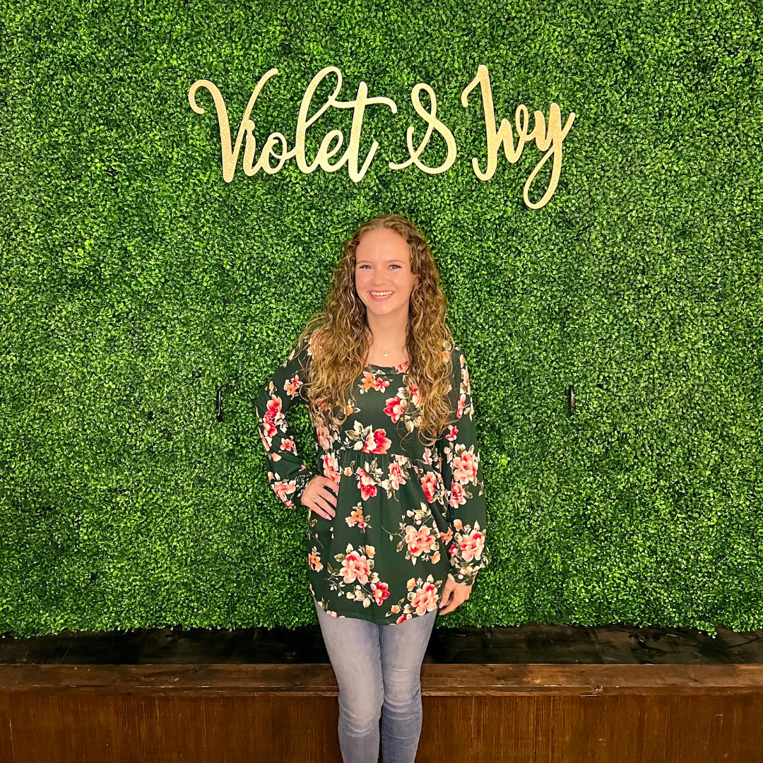 Green Floral Print Babydoll Long Sleeve Top