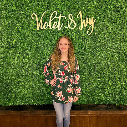 Green Floral Print Babydoll Long Sleeve Top
