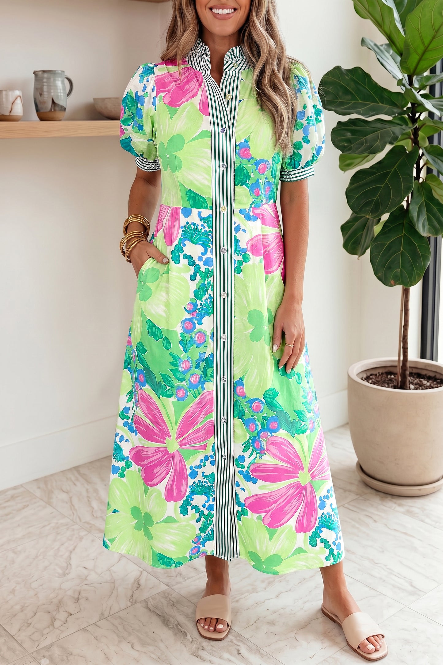 Green Floral Stripe Trim Maxi Dress