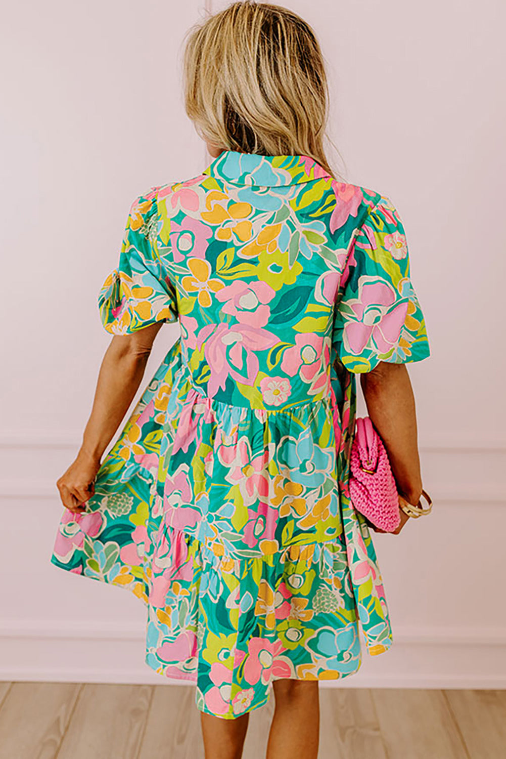 Green Floral Buttoned Babydoll Dress