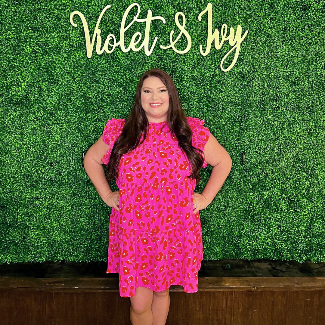 Hot Pink Leopard Print Flutter Sleeve Tiered Dress