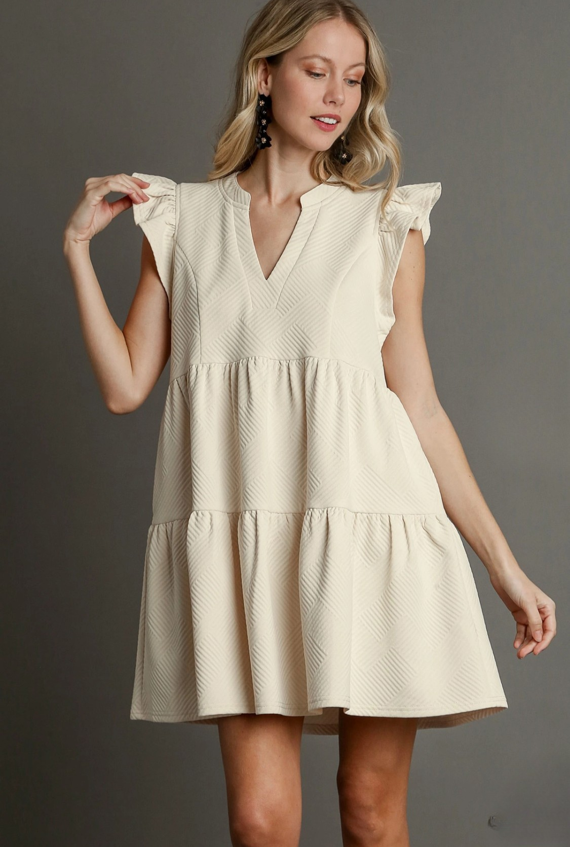 Cream Jacquard Dress with Ruffle Sleeves
