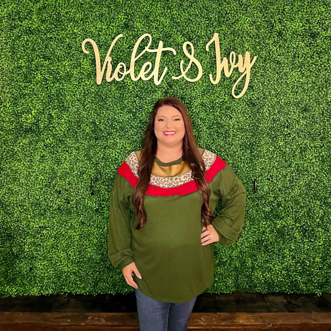 Green, Gold Foil and Animal Color Block Long Sleeve Top