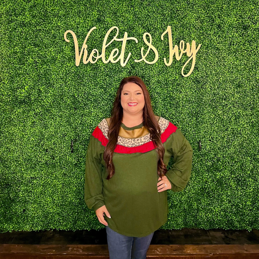 Green, Gold Foil and Animal Color Block Long Sleeve Top