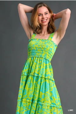 Lime Green Metallic Floral Print Dress