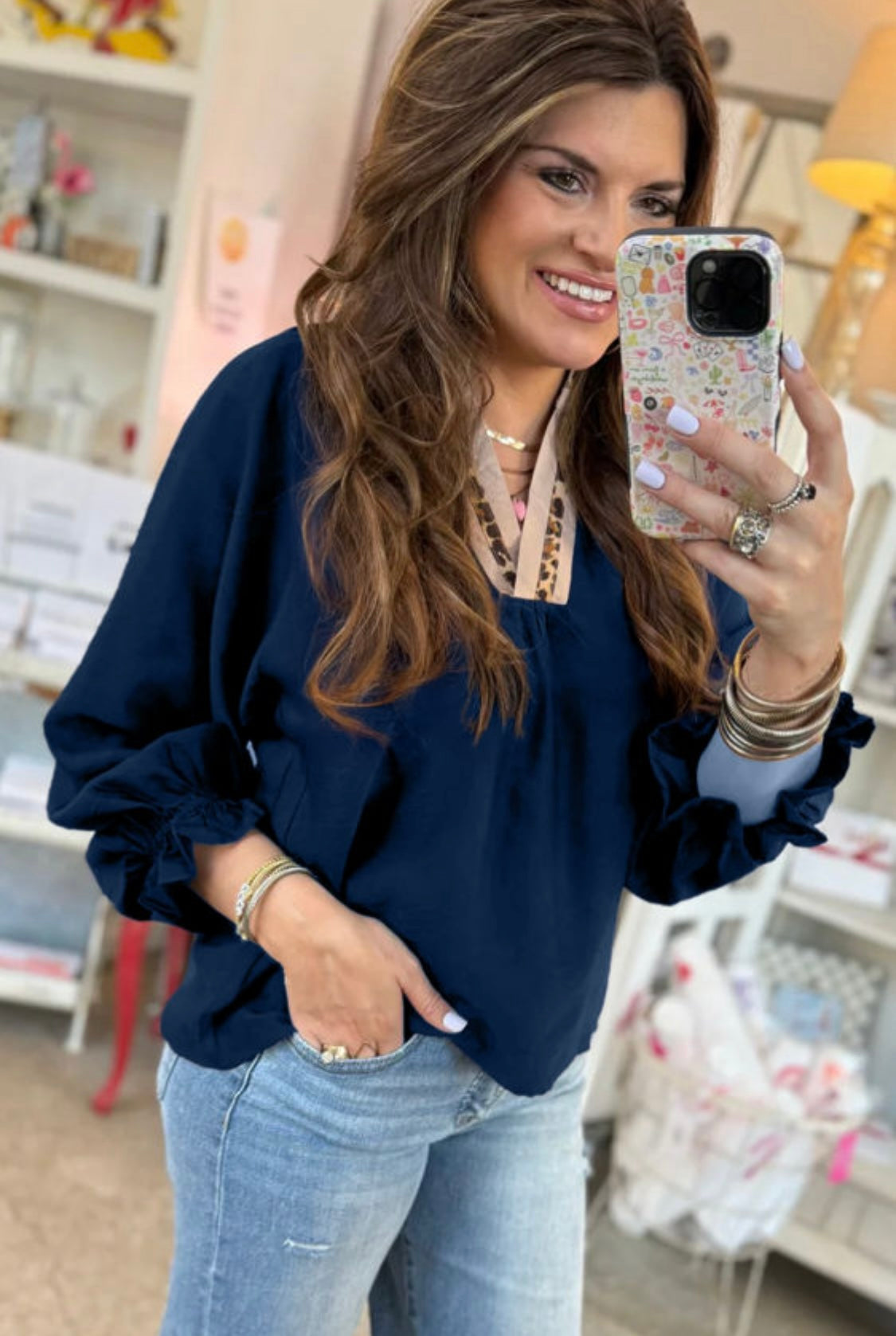 Navy Blue Leopard Trim Blouse