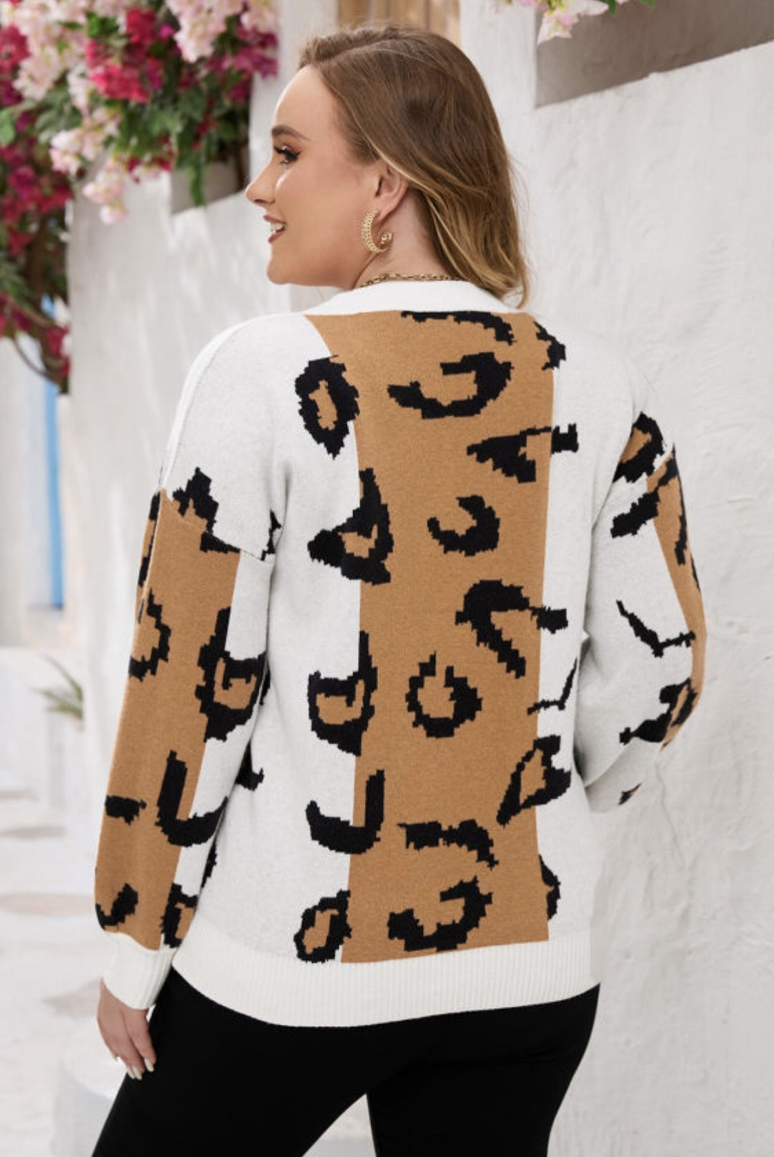 Orange Leopard Print Colorblock Sweater