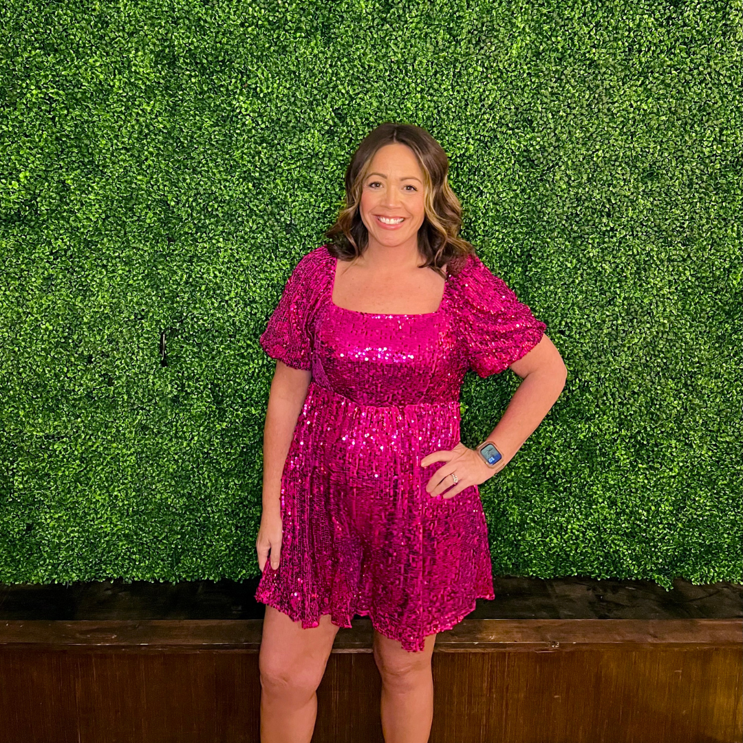 Pink Sequin Short Puff Sleeve Romper