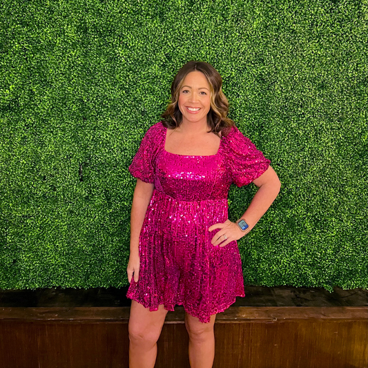 Pink Sequin Short Puff Sleeve Romper