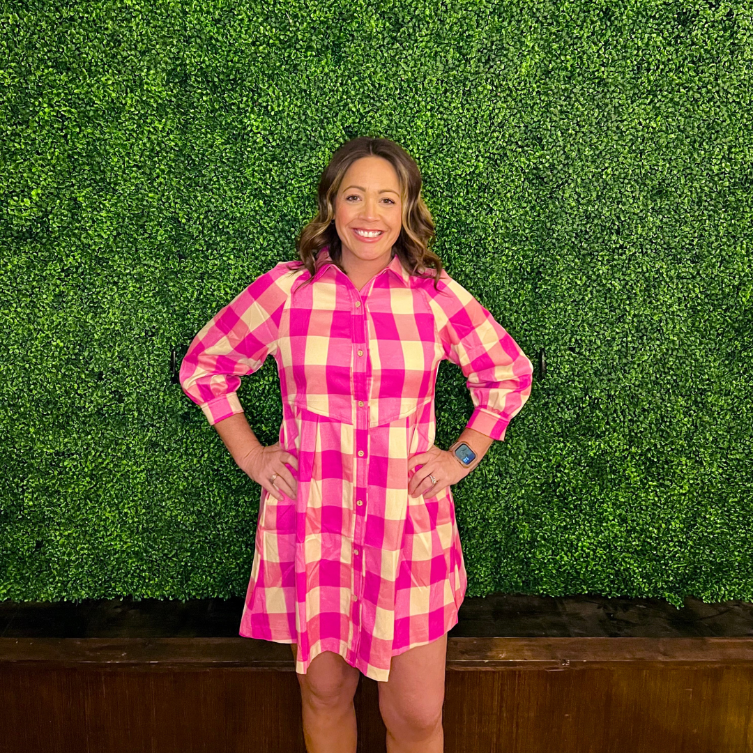 Pink Plaid Long Sleeve Shirt Dress with Pockets