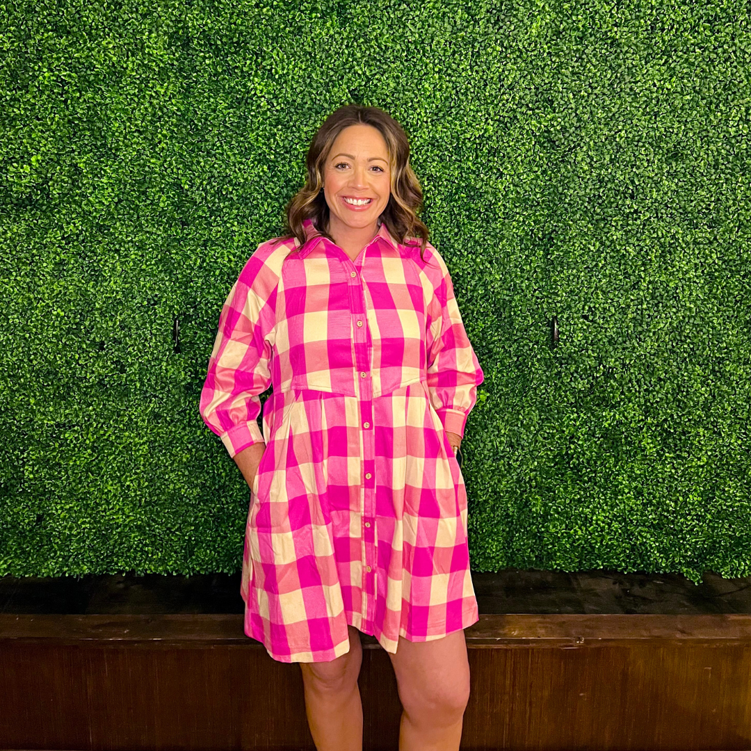 Pink Plaid Long Sleeve Shirt Dress with Pockets