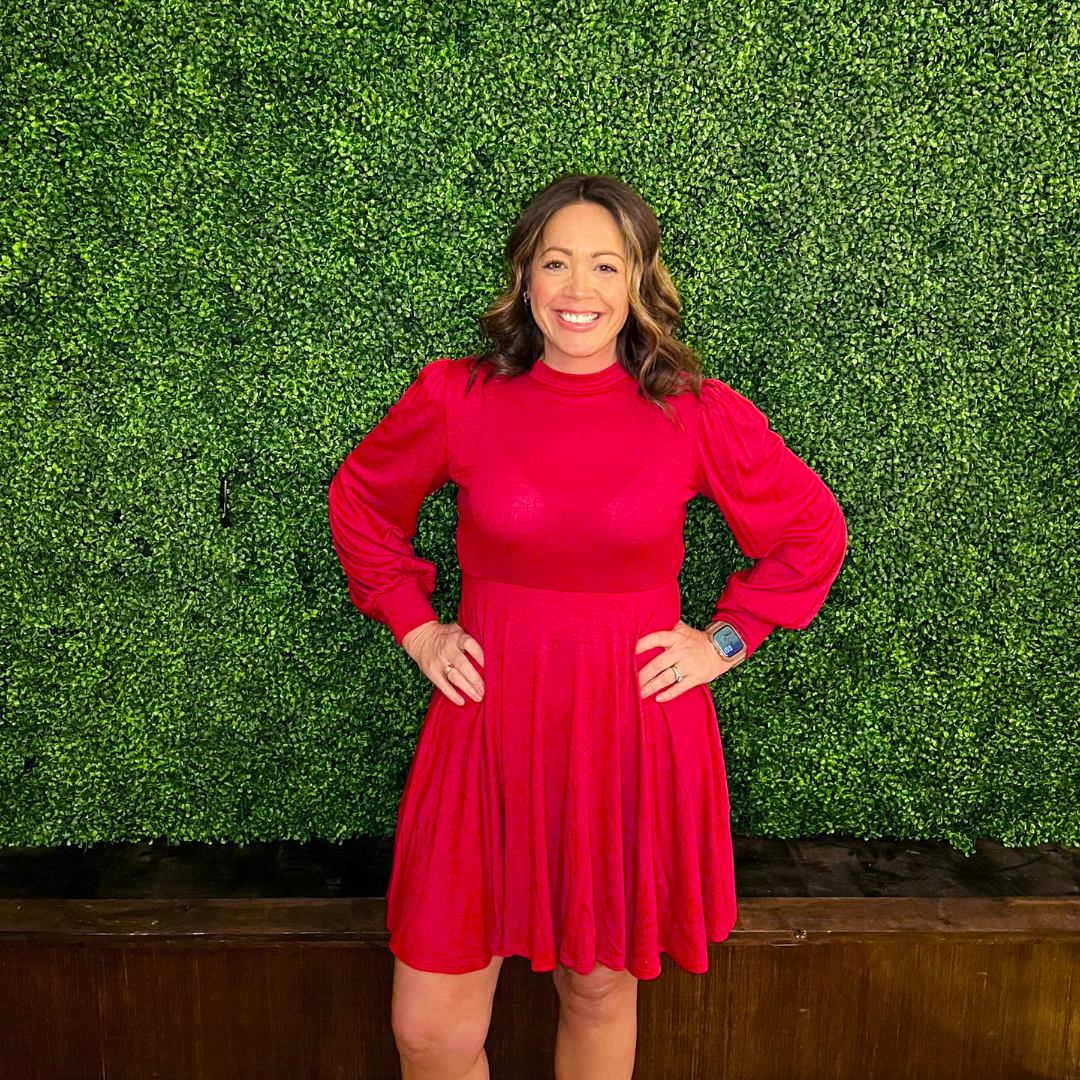 Red Long Sleeve Fit and Flare Dress