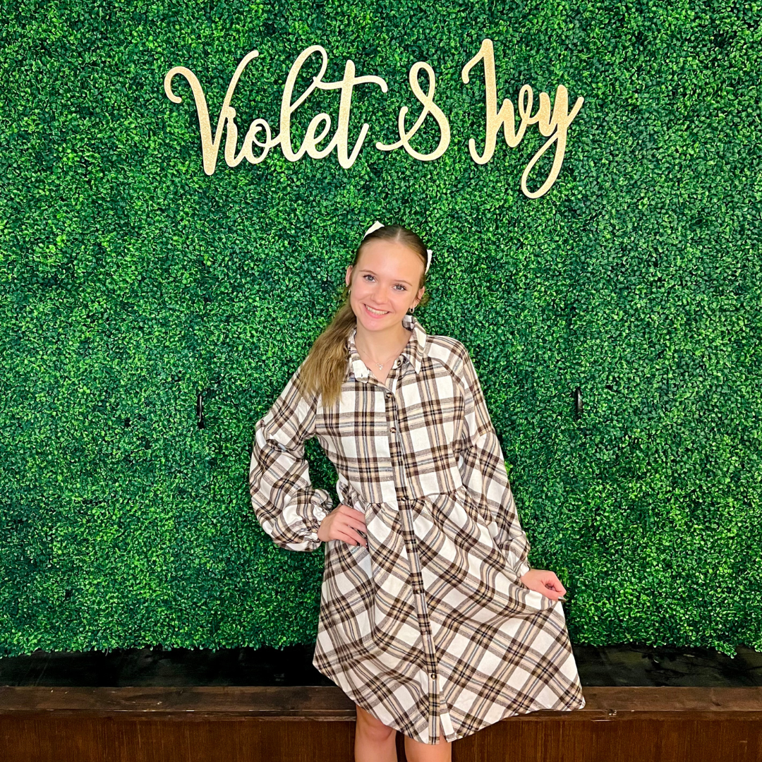 White Plaid Bubble Sleeve Shirt Dress with Pockets