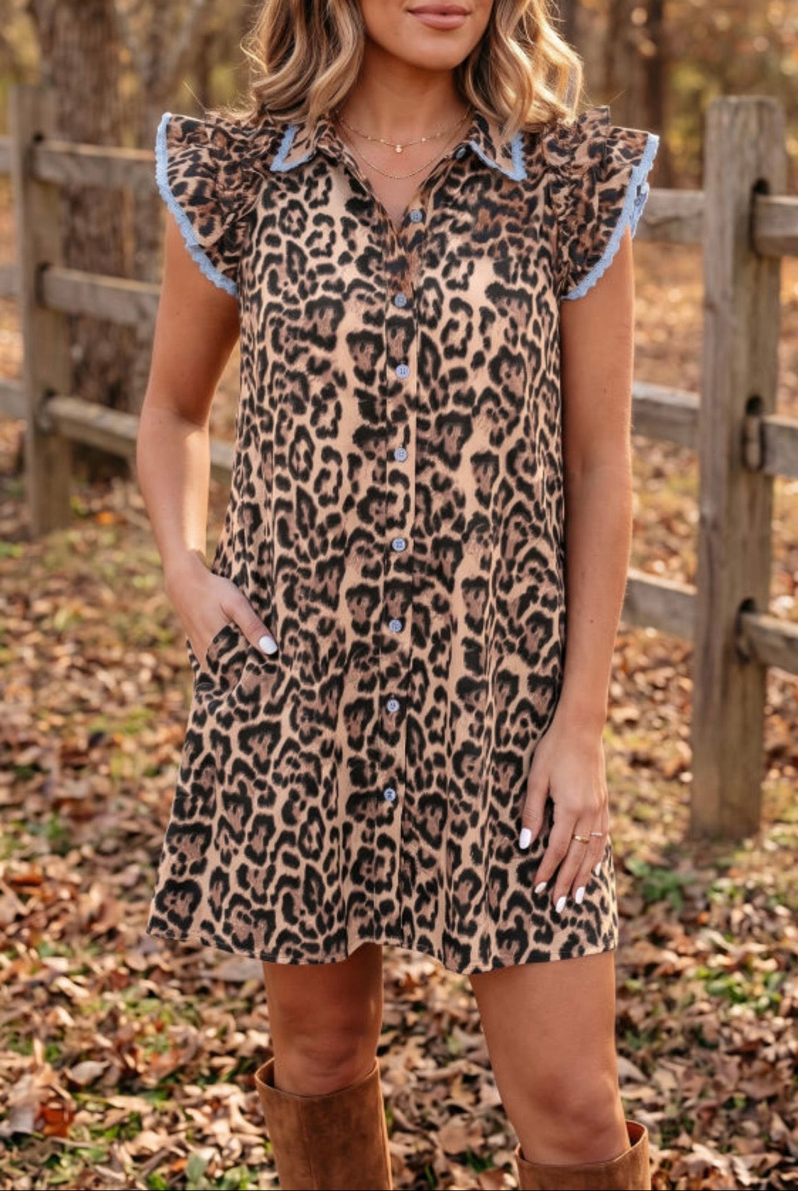 Blue Lace Trim Leopard Print Dress