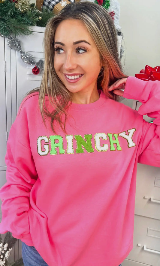 Pink Grinchy Chenille Christmas Graphic Sweatshirt