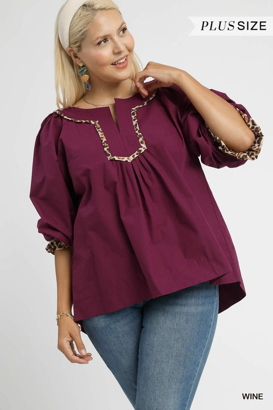 Wine Leopard Trim Long Sleeve Blouse