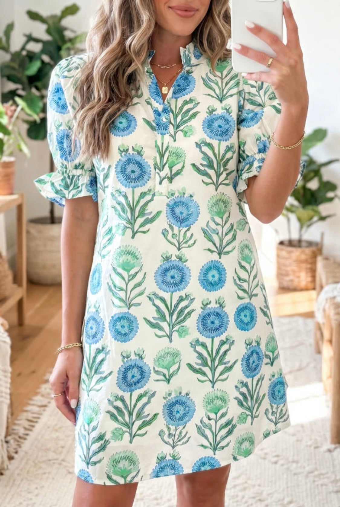 Sky Blue Floral Print Half Button Short Sleeve Dress