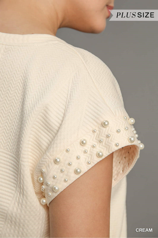 Textured Jacquard Top with Pearl Sleeves
