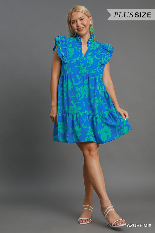 Azure Floral A-Line Collared Tiered Dress with Embroidered Flutter Sleeves