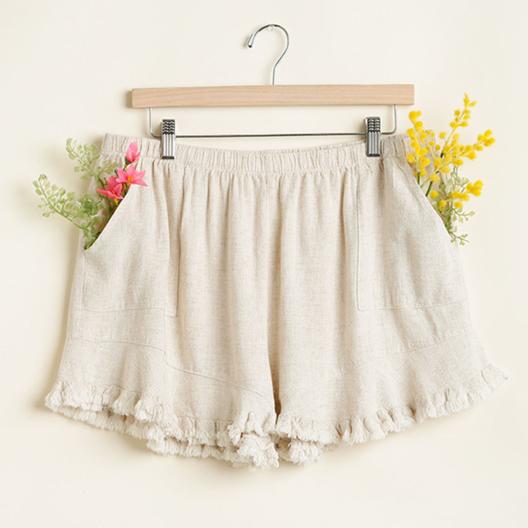 Oatmeal Linen Ruffle Hem Shorts with Pockets