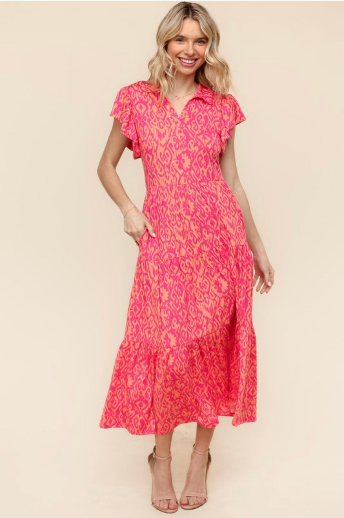 Pink and Orange Bohemian Midi Dress with Pockets