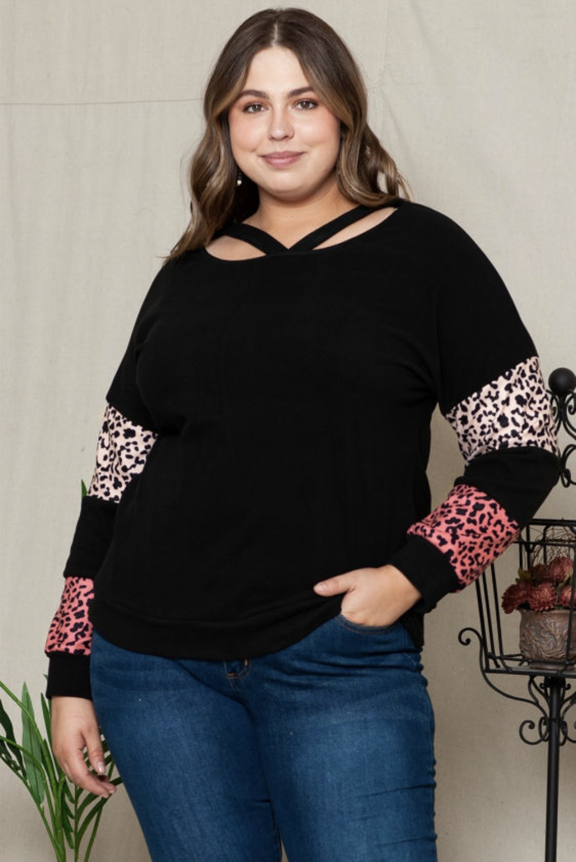 Black Leopard Color Block Sweater