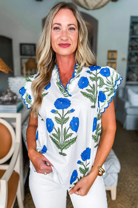 Blue Wild Flower Print with Scallop Detail Short Sleeve Blouse