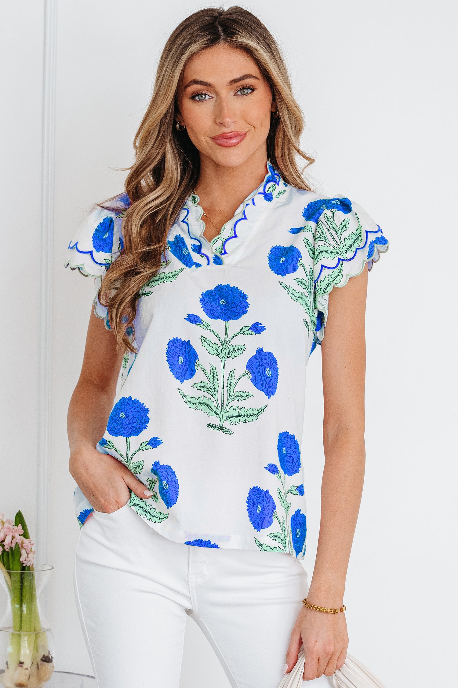 Blue Wild Flower Print with Scallop Detail Short Sleeve Blouse