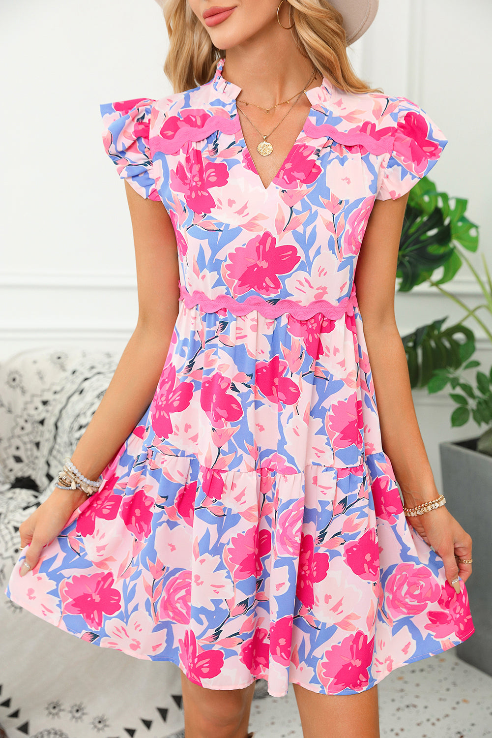 Blue and Pink Floral Ric Rac Sleeve Dress