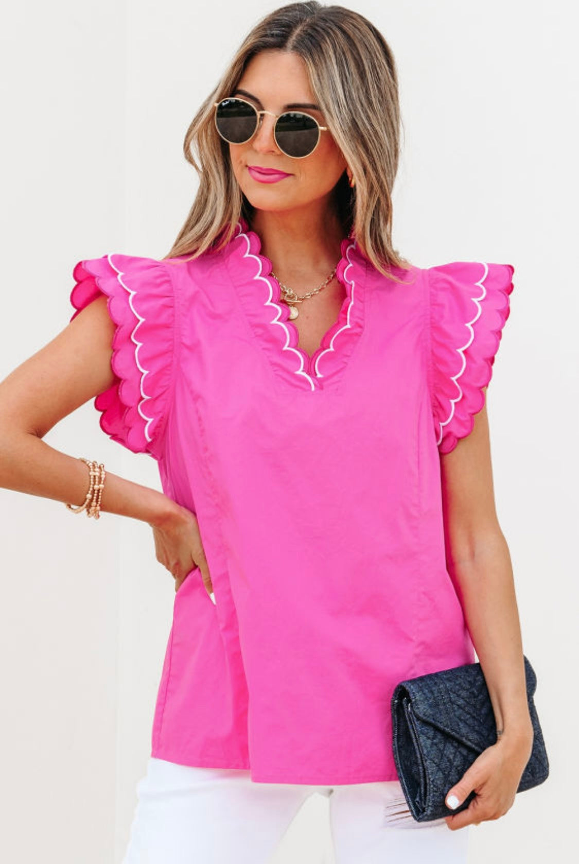 Bright Pink Scallop Trim Short Sleeve Top