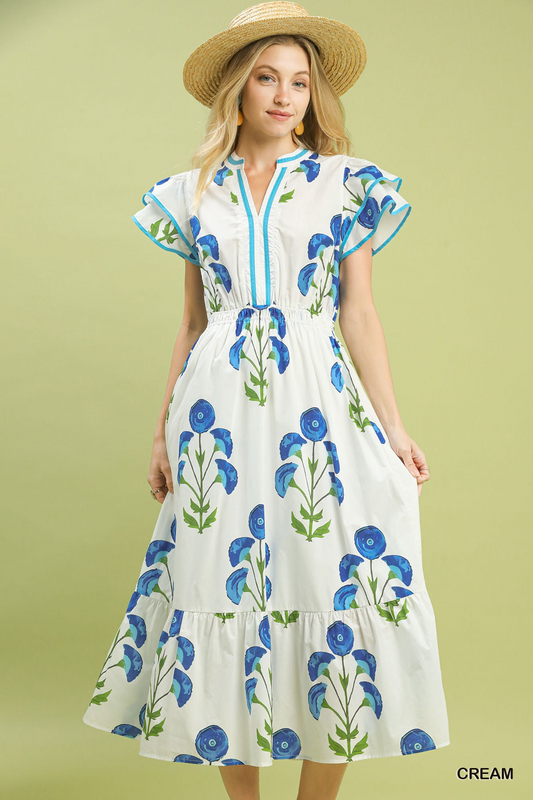 Cream Blossom Meadow Print Midi Dress