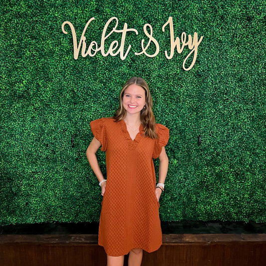 Rust Textured Dress With Bubble Sleeves