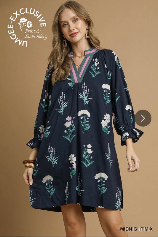 Midnight Floral Tunic Dress with Contrast Trim