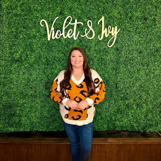 Orange Leopard Print Colorblock Sweater