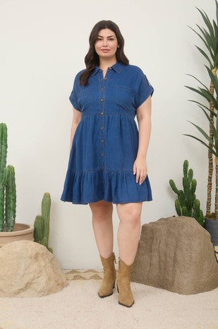 Dark Chambray Collared Shirt Mini Dress