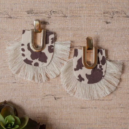 Ivory Fringe Stud Cowhide Earrings