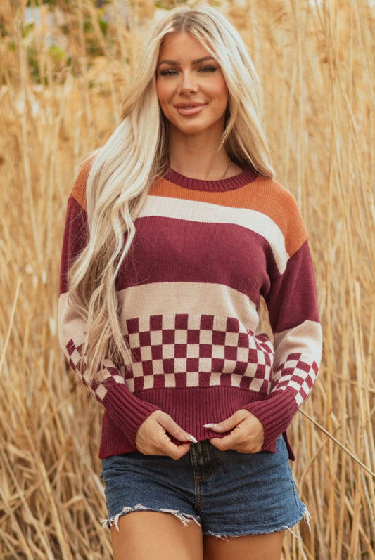 Maroon Checkered Color Block Sweater