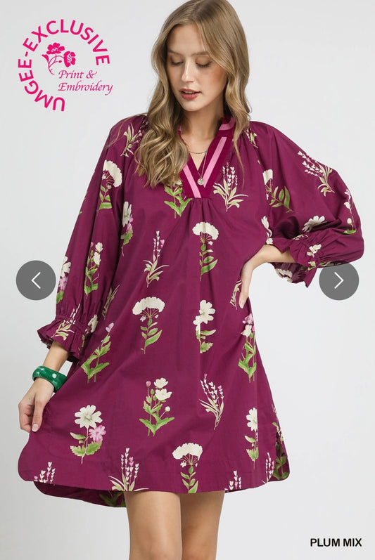 Plum Floral Tunic Dress with Contrast Trim